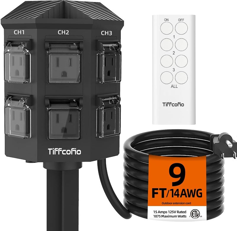 Tiffcofio Outdoor Remote Control Power Strip, 9FT Extension Cord Waterproof, Independent Control Outlets, 6 Grounded Outlets for Outdoor Decorations, 14 AWG, 15A/1875W, ETL Listed (9 FT) - Image 1